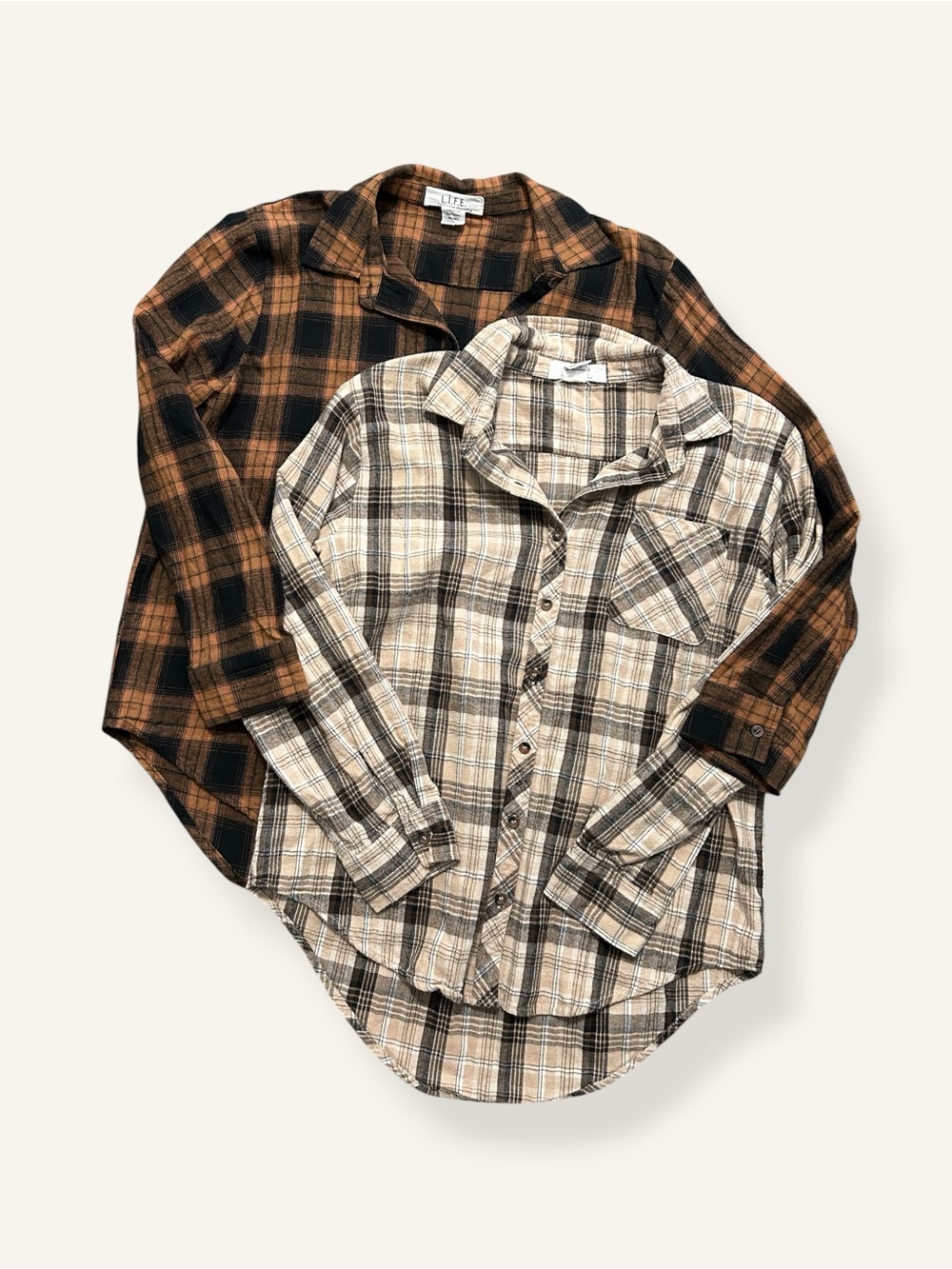Women's Plaid Flannel Button-Down Bundle of 2 Brown & Beige